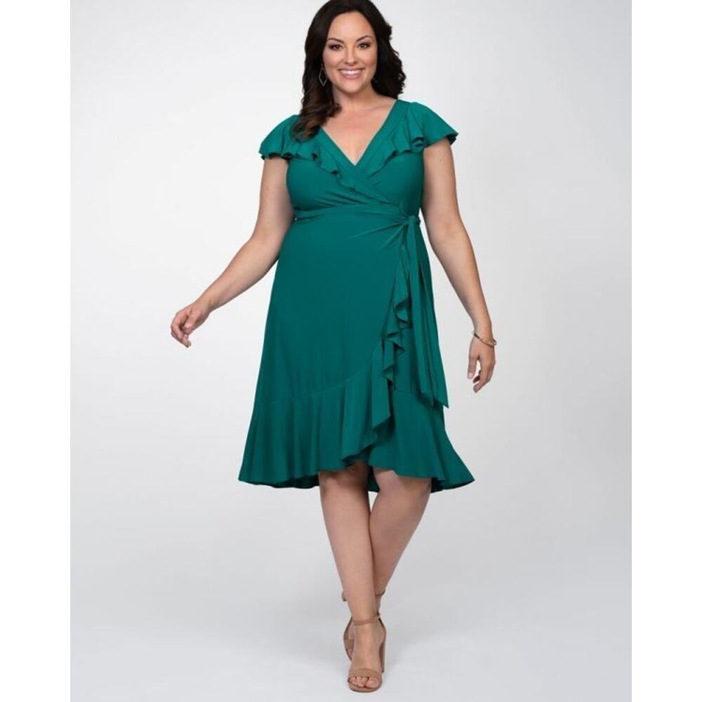 Kiyonna Jade Green Dress 4X Phoebe Flounce True Wrap Sleeveless Ruffles Neck Hem